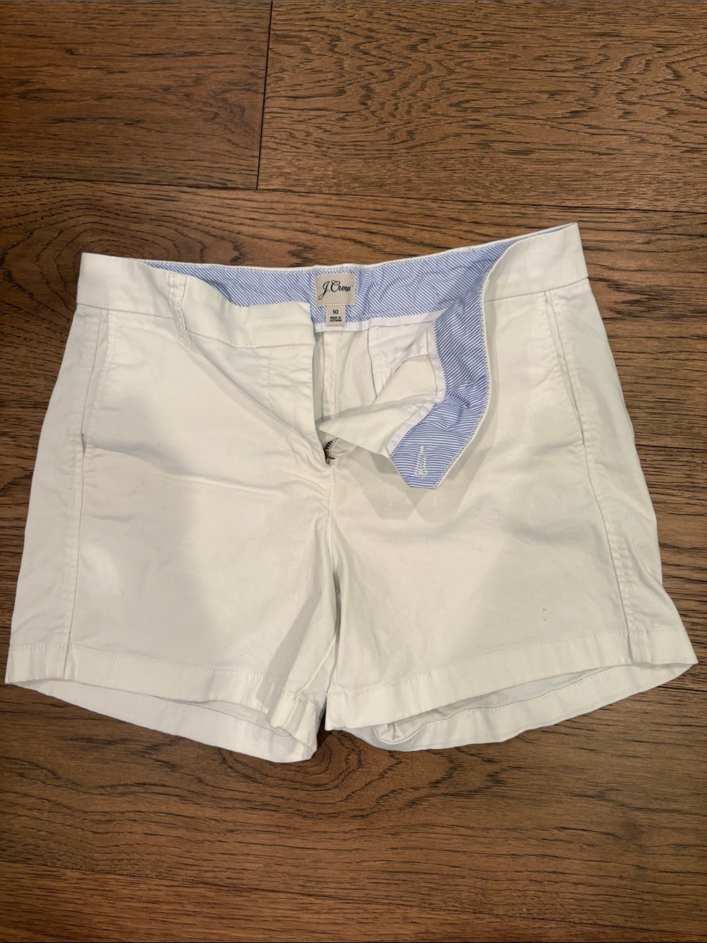 J. Crew White Cotton Chino Shorts with Blue Stripe Lining